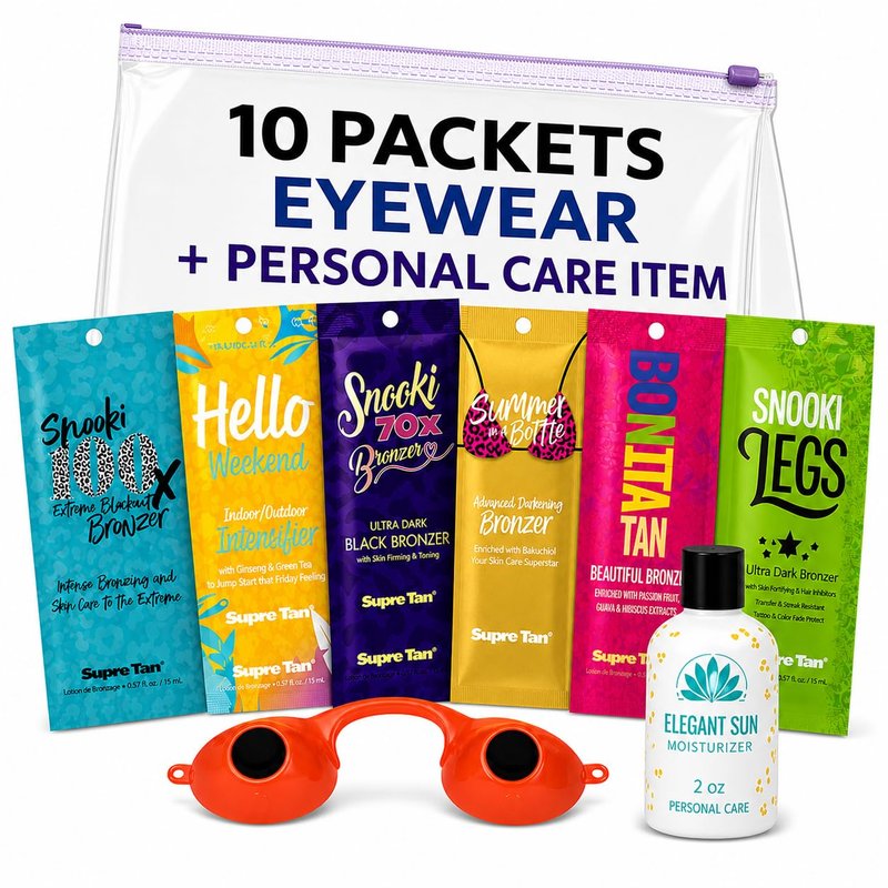 Assorted Snooki Tanning Bed Lotion (10 Packets) + Protective EYE WEAR Random Variety Mix 70X Ultra Dark, 100X Extreme Blackout, Hello Weekend, Summer in a Bottle, Bonita Tan (0.57 oz ea)