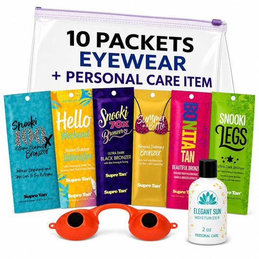 Assorted Snooki Tanning Bed Lotion (10 Packets) + Protective EYE WEAR Random Variety Mix 70X Ultra Dark, 100X Extreme Blackout, Hello Weekend, Summer in a Bottle, Bonita Tan (0.57 oz ea)