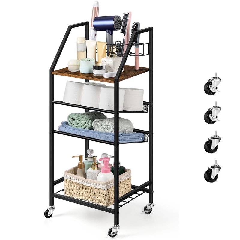 OYEAL Bathroom Storage Cart with Wheels Rolling Bathroom Shelves Slim Freestanding Bathroom Towel Storage Organizer with Hair Tool Holder for Small Spaces, Rustic Brown