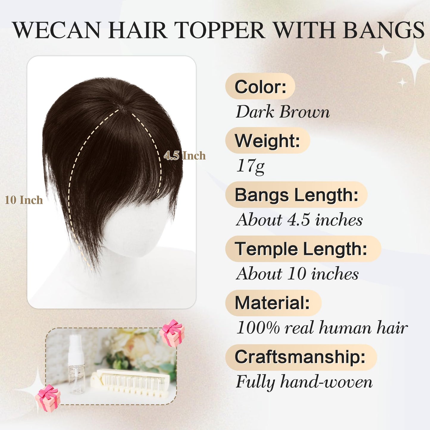WECAN Hair Toppers for Women Real Human Hair 3D Bangs Clip 100% Human Toppers for Women 10 Inch Clip in Bangs Hairpieces (Dark Brown)