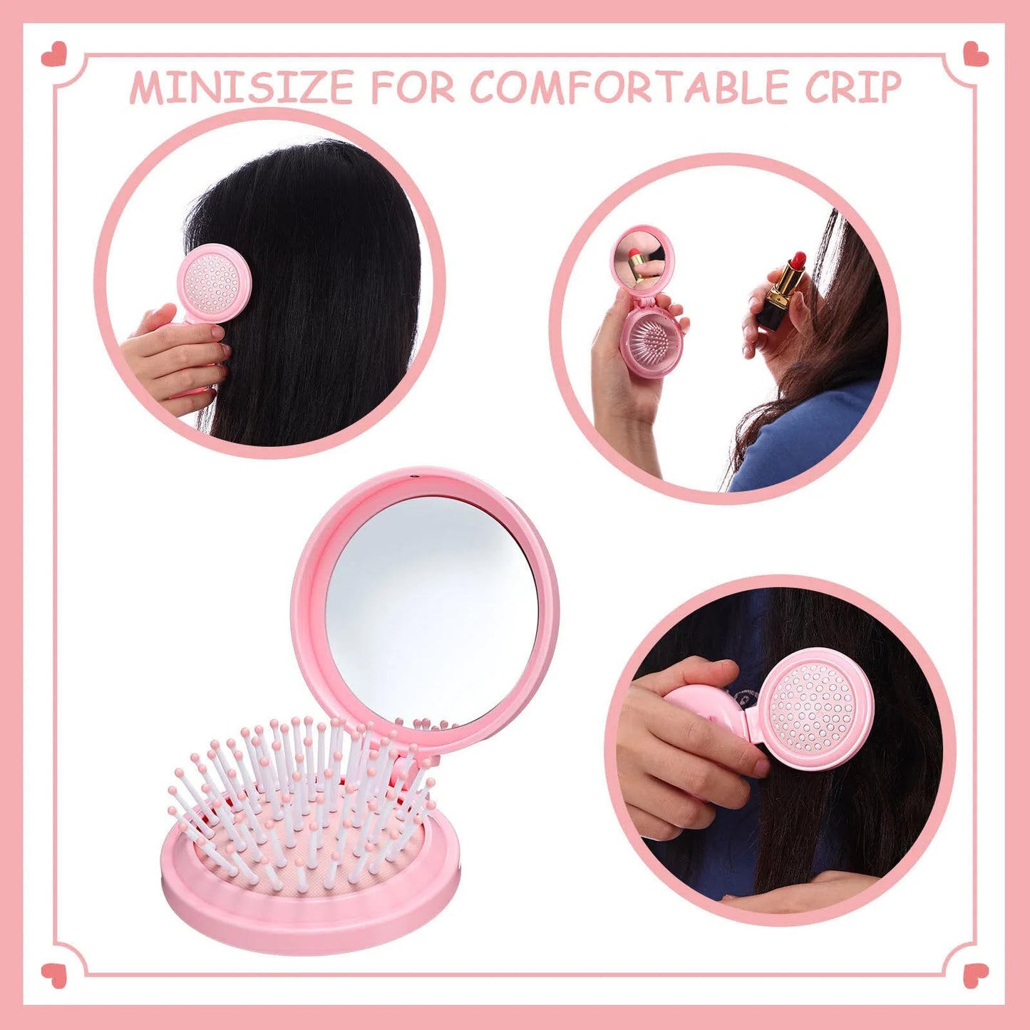 LemonRoad 24 Pack Foldable Travel Mirror Hair Brushes, Mini Mirror Comb, Round Portable Folding Pocket Hairbrush, Compact Small Size Massage Comb, Coquette Bow Party Favor for Women (Pink)