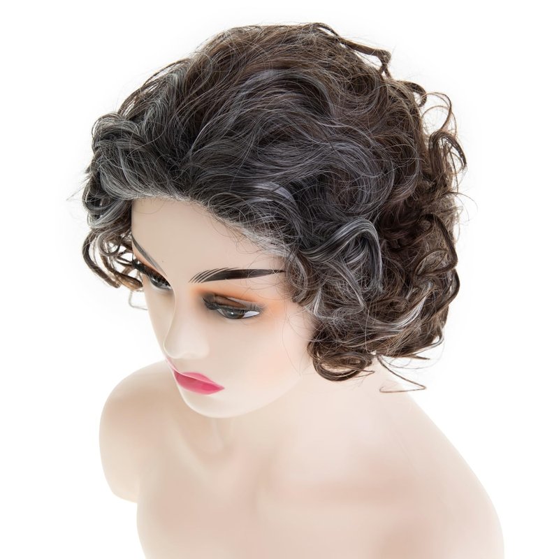 Short Brown Curly Wig for Women - Synthetic Mixed Grey Big Curly Bob | Cosplay Hair with Wig Cap
