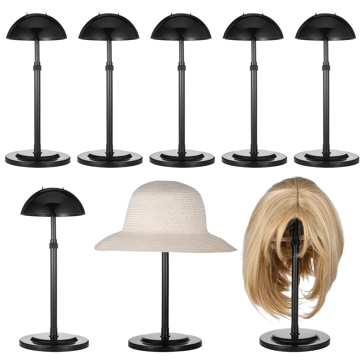 MAQUITA 6PC Wig Stand Base Adjustable Height (9.8"-18.9") Wig Head Stands Portable Non-Slip Sturdy Wig Holder Stands Travel Wig Stand for All Wigs - Black