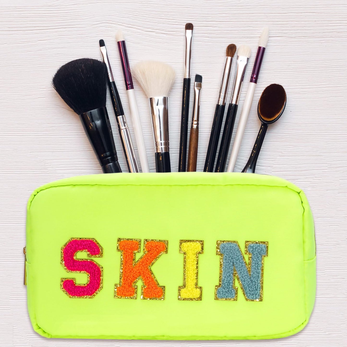 Whaline 4Pcs Preppy Nylon Cosmetic Bag Chenille Letter Makeup Organizer Bag Set Patches Toiletry Cosmetic Case Waterproof Zipper Cosmetic Pouch for Women (Neon Color,Skin,Stuff,Hair,Face)