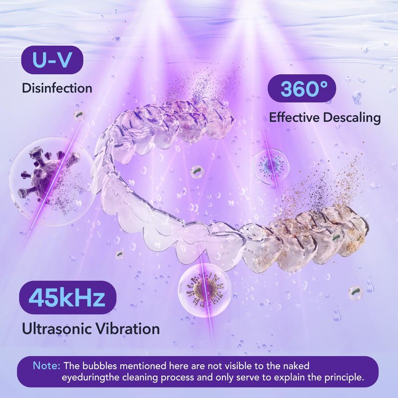 Rolipo Ultrasonic Retainer Cleaner 320ML, 45kHz Denture Cleaner with 4 Lamps, Dental Cleaning Pod for Mouth Guard, Aligner, Braces, Toothbrush Head, Jewelry