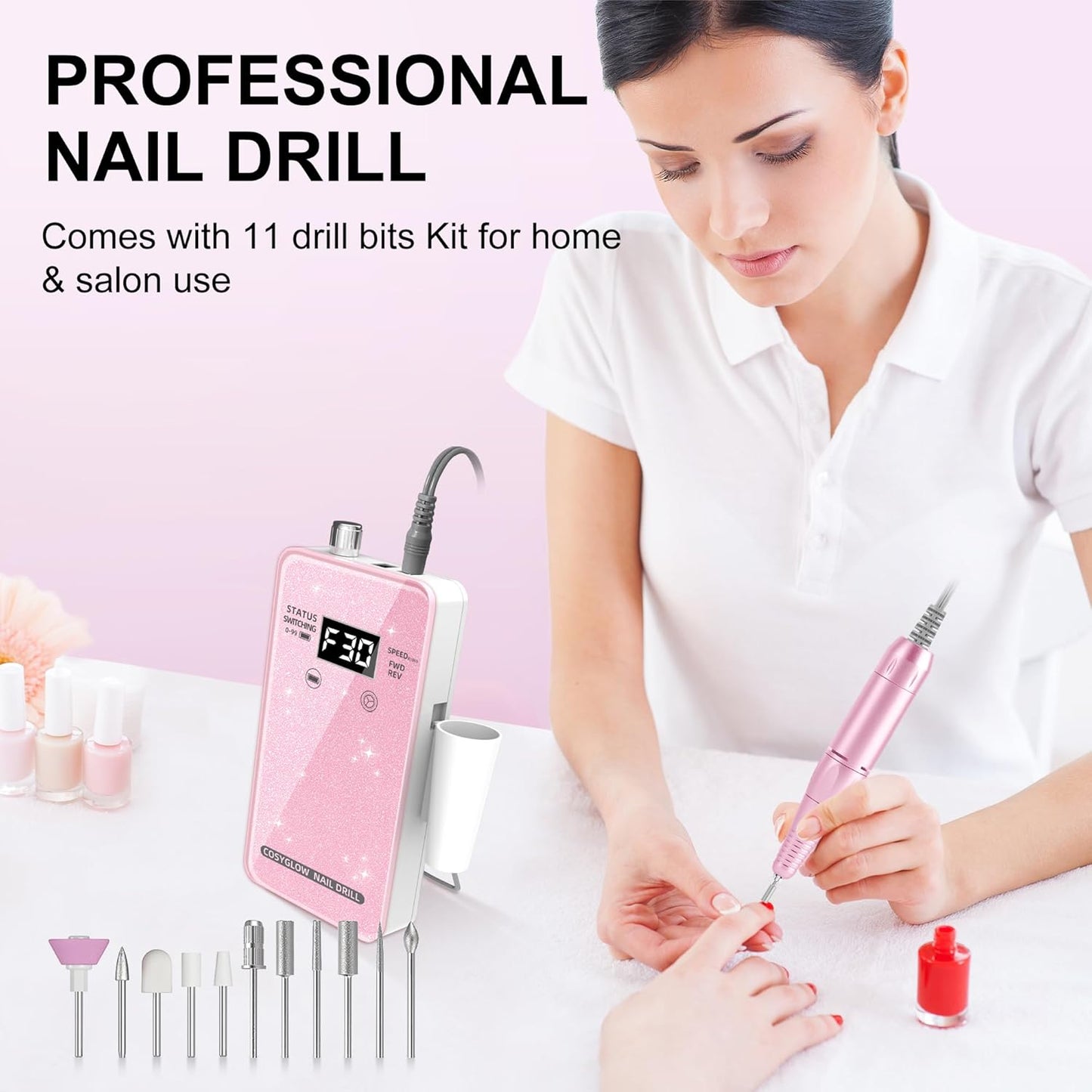 Professional Electric Nail Drill - COSYGLOW Glitter Cordless E-File Kit with 11 Bits | 30000 RPM Rechargeable for Acrylic Nails (Pink)