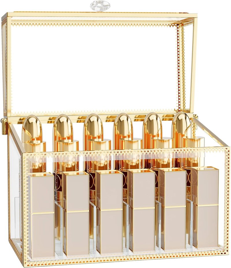 Lipstick Organizer - Luxury Tempered Glass Holder for 18 Lipsticks & Nail Polish | Removable Dividers, Gold