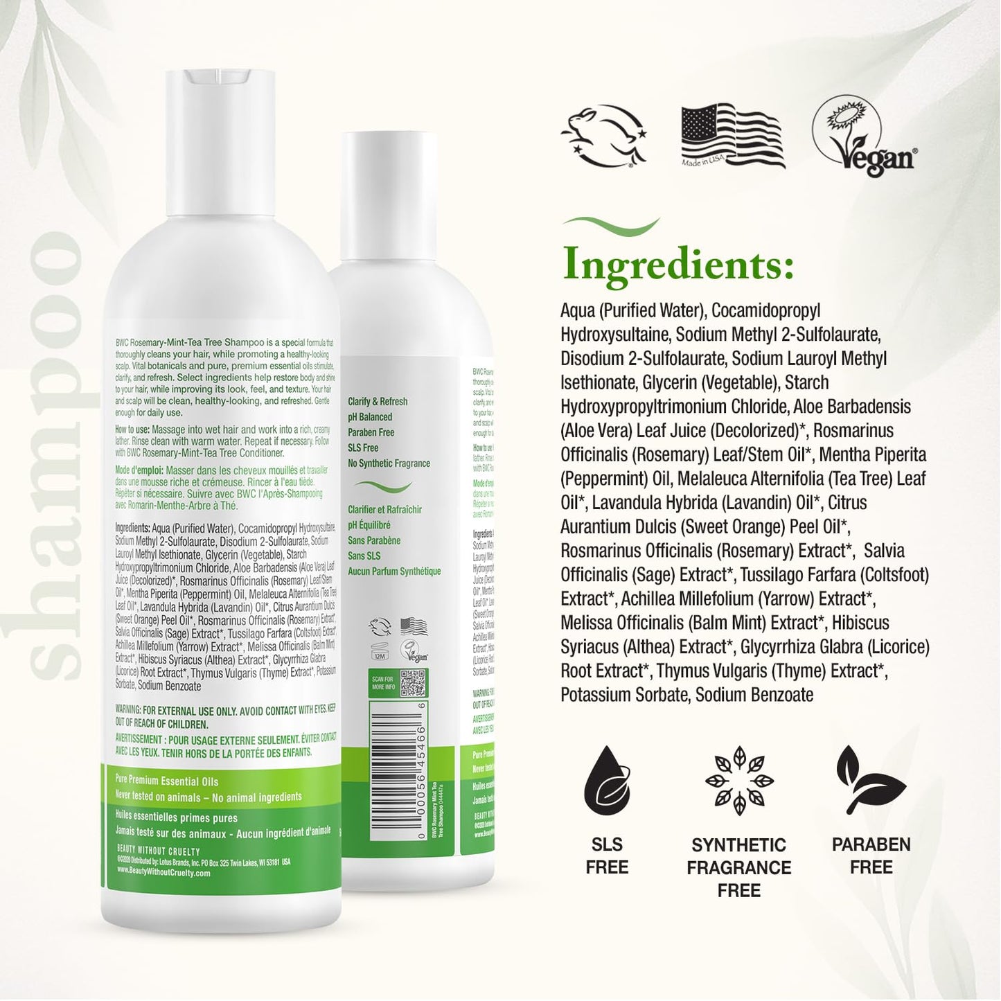 Beauty Without Cruelty Shampoo and Conditioner Set, Clarifying Rosemary Mint Tea Tree – Aromatherapy Hair & Scalp Treatment, SLS-Free, Vegan-Friendly & Cruelty-Free, 16 Oz Ea