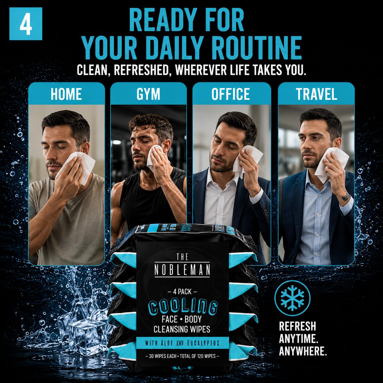 The Nobleman Cooling Face + Body Cleansing Wipes – Refreshing Skincare for Men with Aloe & Eucalyptus, Oil Control, Dirt Removal, Sweat Refresh, Daily Hygiene & After Gym Solution, (4 Pack, 120 Ct)