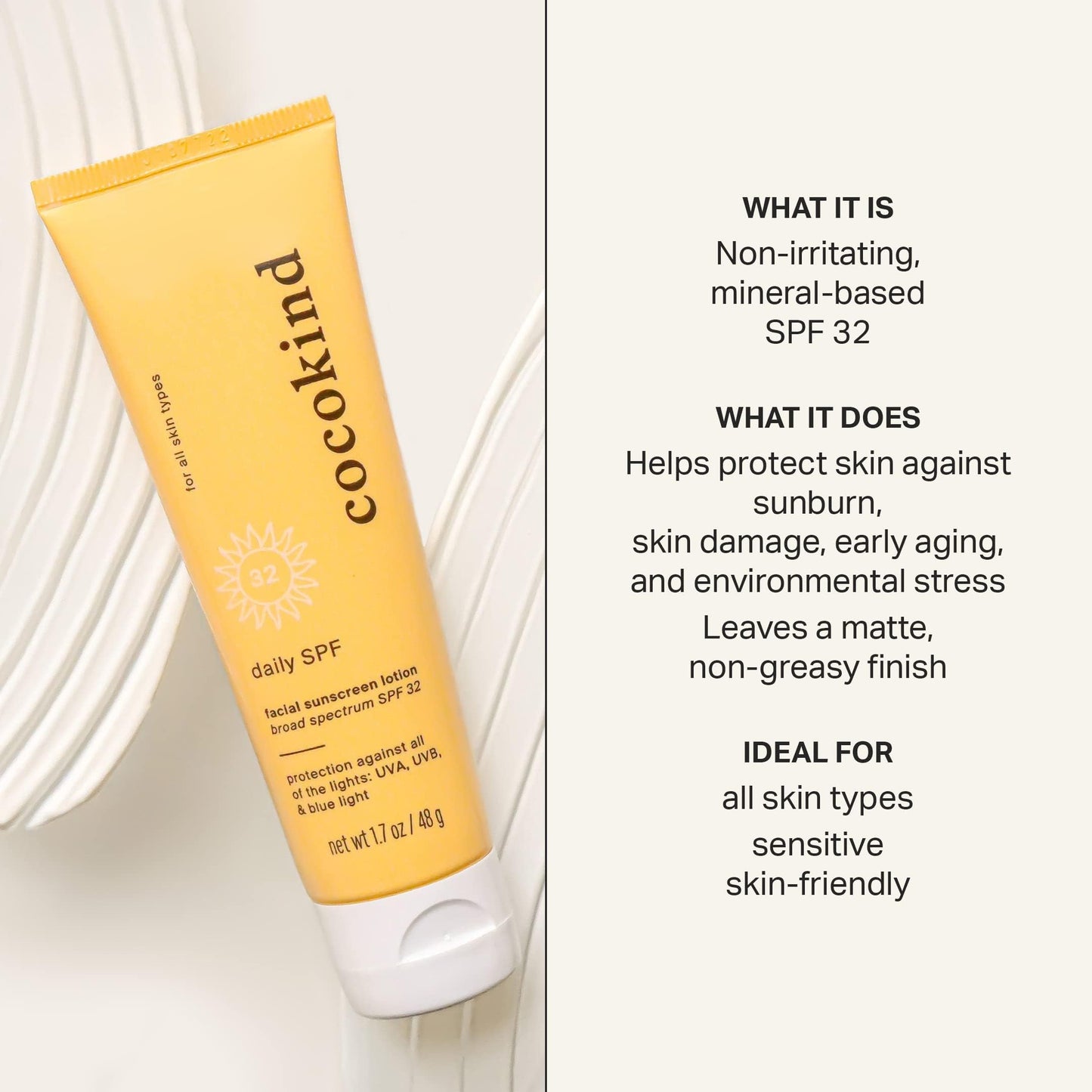 Cocokind Daily SPF, Mineral Face Sunscreen with Zinc Oxide, SPF 32, Reef Safe, Unscented, All Skin Types, Non-Toxic, Cruelty Free, 2 Pack, 1.7 fl oz