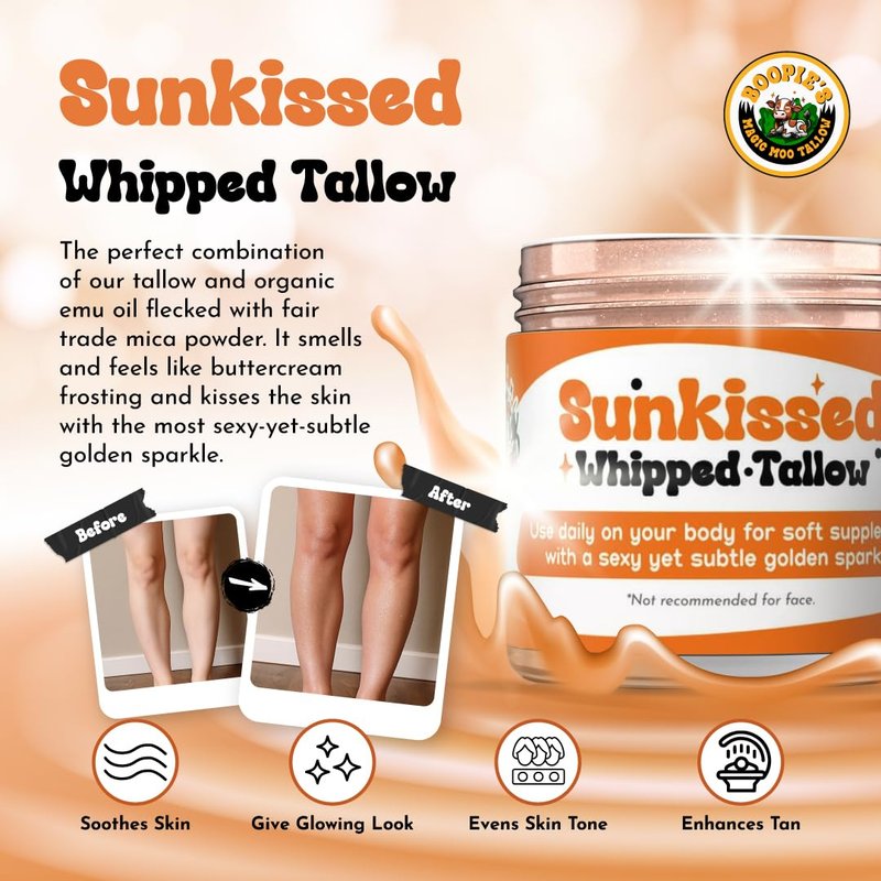 Boopie's Magic Moo Sunkissed Tallow for skin hydration, nourishment with a glow. Tinited tallow cream and lotion with glitter.