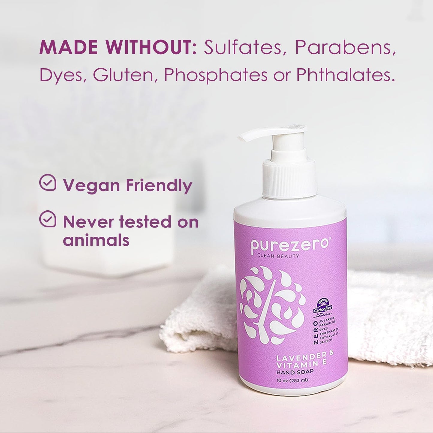 Purezero Lavender & Vitamin E Hand Soap Soothing & Hydrating, Paraben-Free & Vegan Liquid Hand Wash for Bathroom or Kitchen, USA-Made, Cruelty-Free, 10 ounces (3 Pack)