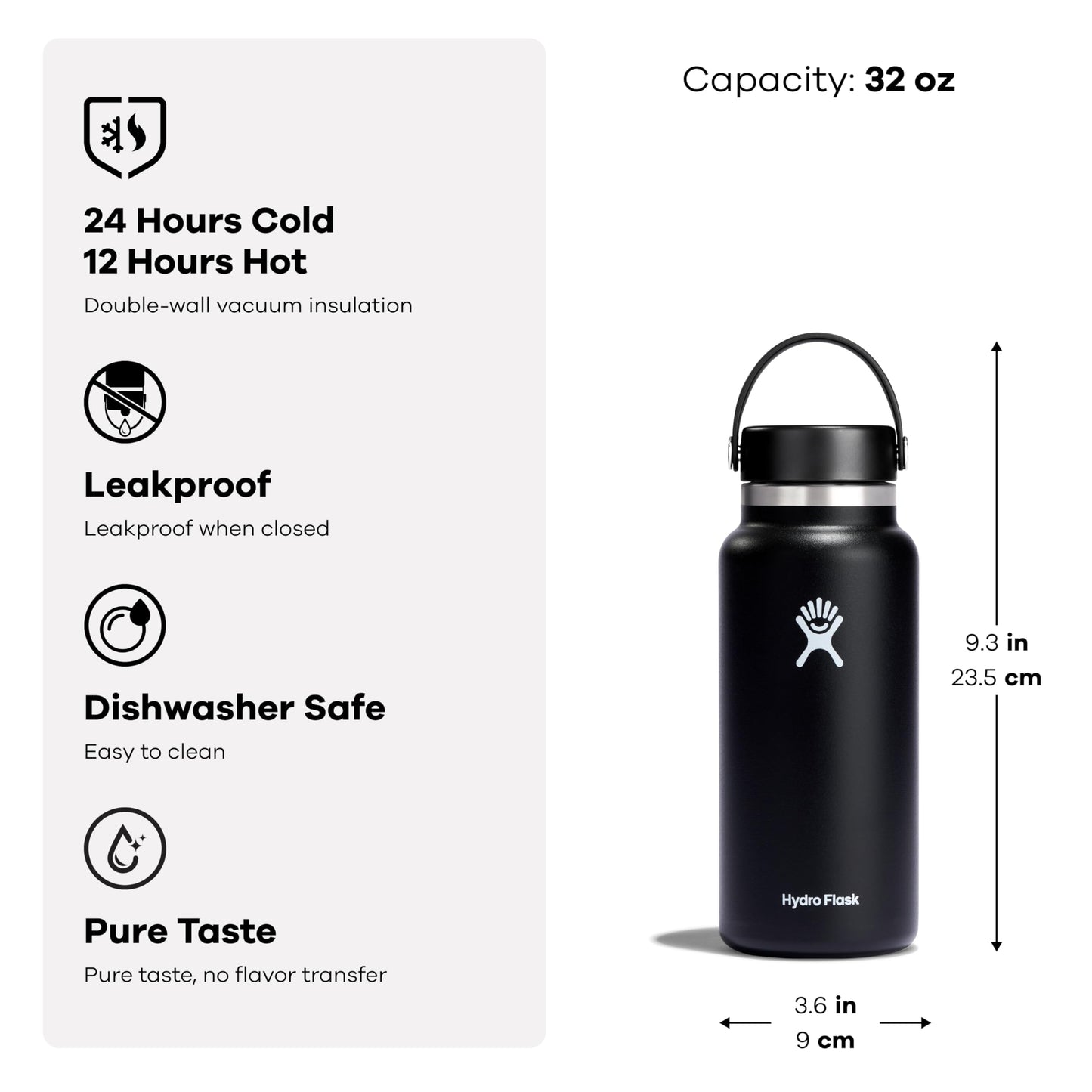 Hydro Flask Water Bottle - Insulated Stainless Steel - Wide Mouth Flex Lid, Non Spill, Leakproof and Refillable in 32 Oz White