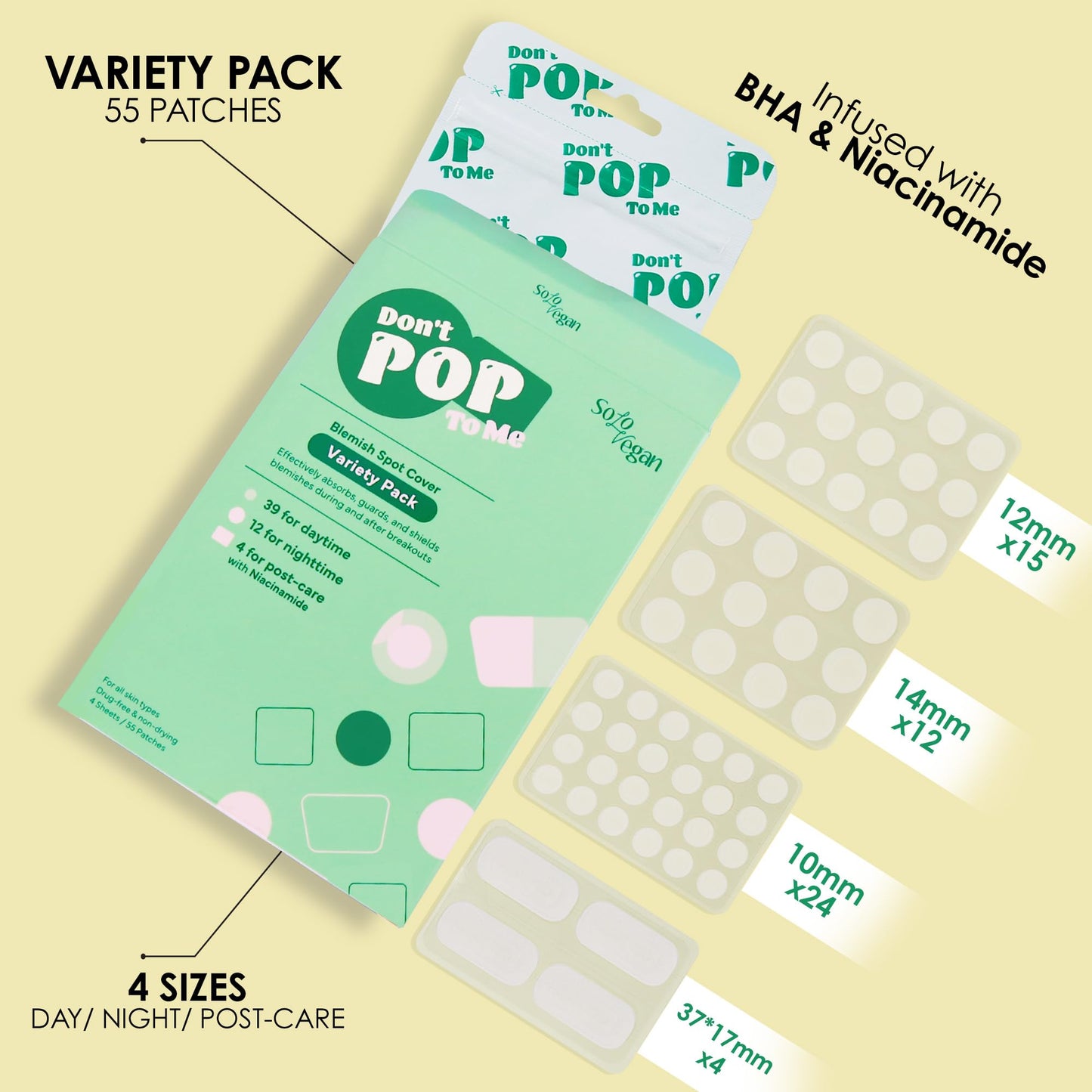 SoloVegan 55Count Don't Pop to Me Blemish Patch, Invisible Spot Cover, Hydrocolloid Acne Patch, Treatment for Breakouts, Absorbs Zits & Blemish, Korean Skin Care (165pcs (3PK))