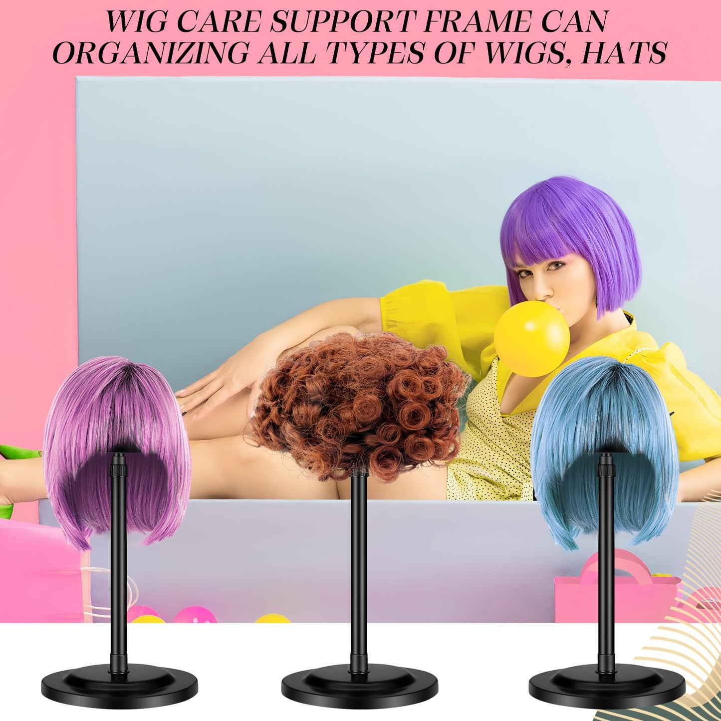 Tatuo 8 Pcs Wig Stand, 9.8"-18.9" Adjustable Height Wig Head Holder Portable Hat Display Stand Travel Storage Holder for Multiple Styling Practice DIY Non Slip Stable(Black)