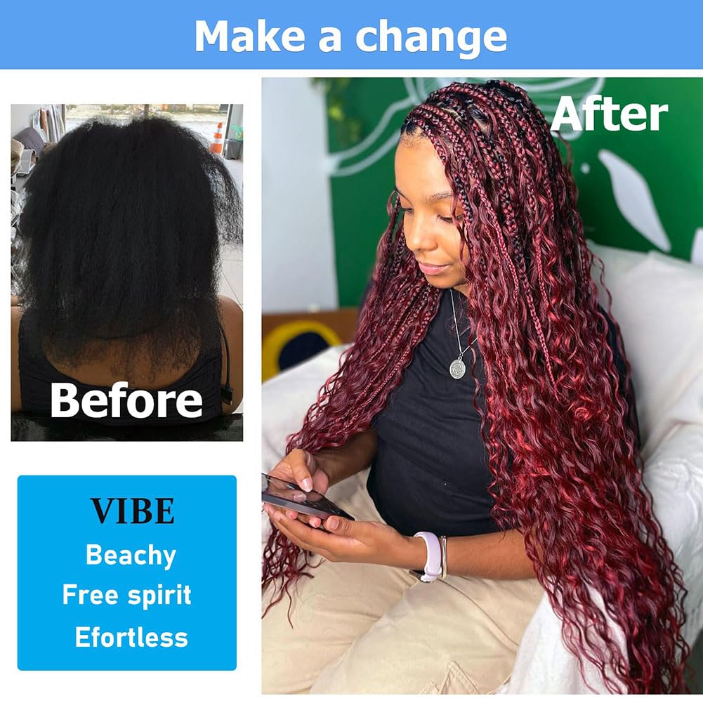 Burgundy Human Braiding Hair - 18 Inch Deep Water Wave | 100g Bulk Curly Extensions for Boho Braids