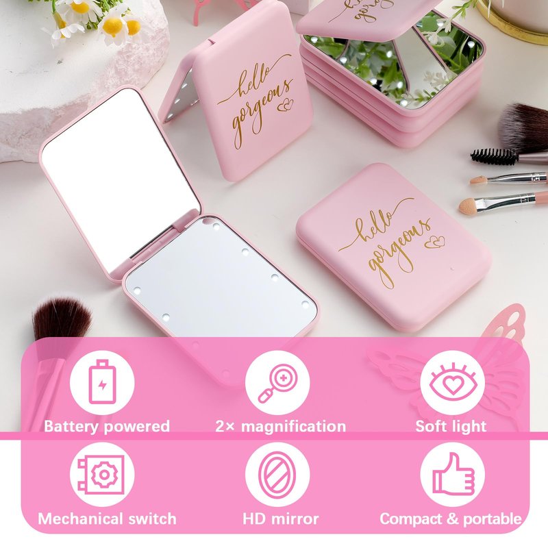Grinsvalley 6 Pcs Hello Gorgeous Compact Mirror Pink 1x/2x Magnification Makeup Mirror Pocket with LED Light for Purse, Travel, Gorgeous Gift for Woman Mother Nurse Bridesmaid Sleepover Spa Party