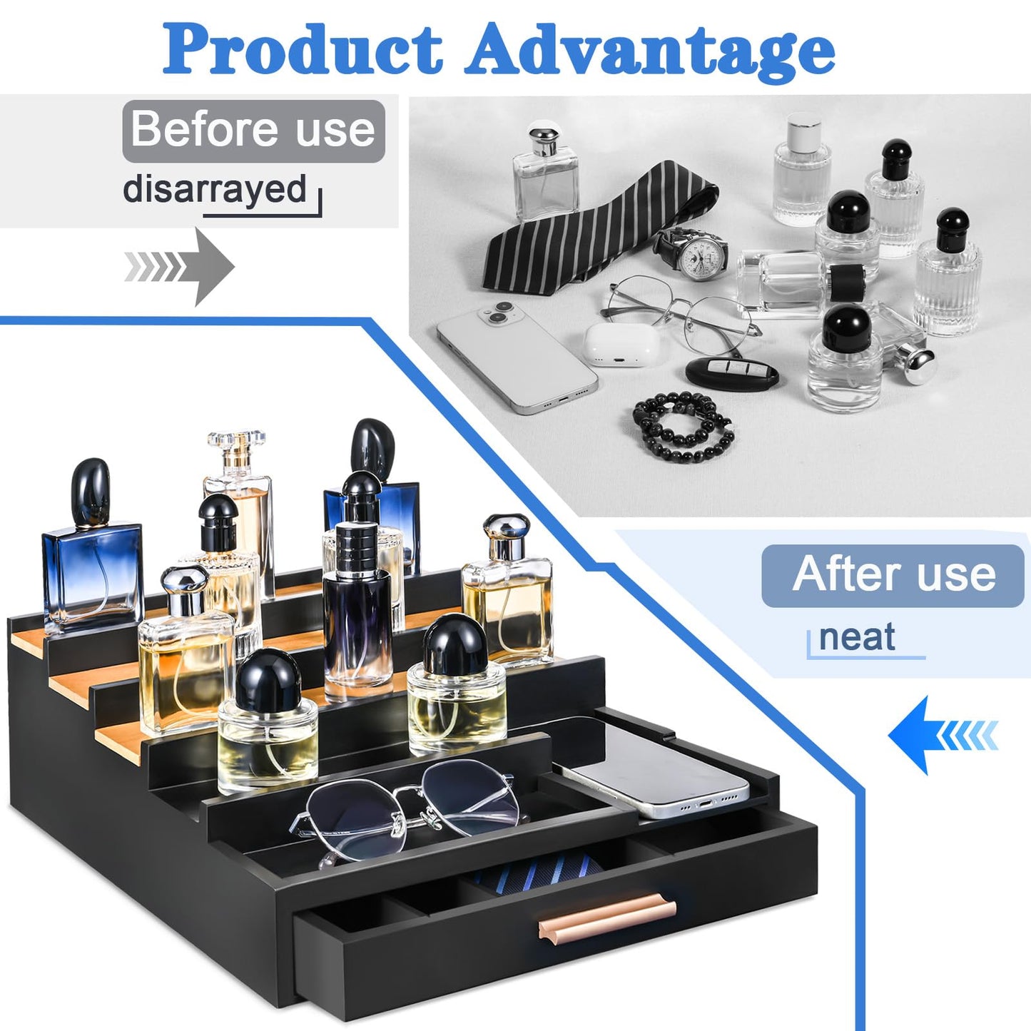 Zioffiel Cologne Organizer for Men, 5 Tier Wooden Perfume Organizer Display with Drawer and Hidden Compartment, Cologne Stand, Perfume Stand, Display Risers, Gift for Men (Brown)