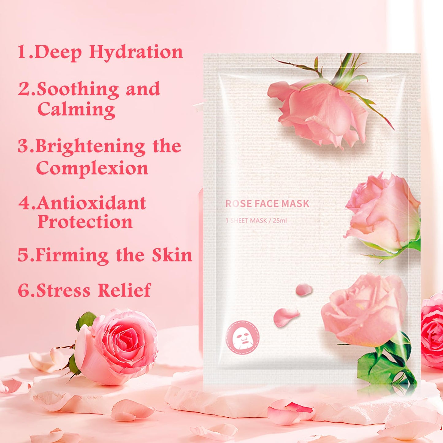 GUOYAOLIFU Hydrating Facial Masks Skincare for Women,Pink Rose Face Mask Sheet Skincare, Moisturizing Face Mask for All Skin Types (10-Packs)