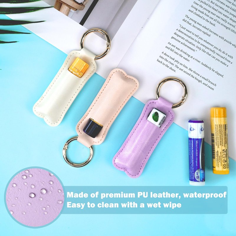 WK IEASON Lip Balm Holder Keychain Clip On PU Leather Lipstick Sleeve Pouch Lip Gloss Holder Lip Balm Sleeve Holder Keychain 3PCS（Pink/Blue/Yellow）