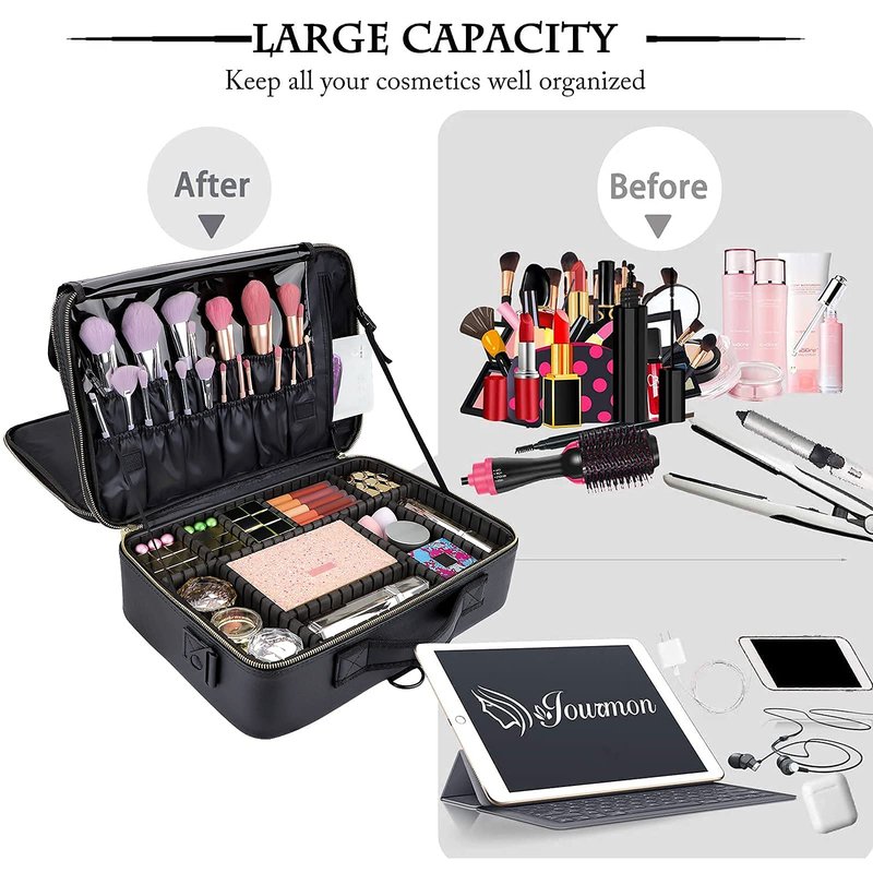 JOURMON Travel Makeup Train Case,Large Capacity Cosmetic Bags for Women,Portable Makeup Bag Organizer with Adjustable Dividers & Shoulder Strap(Black, L)