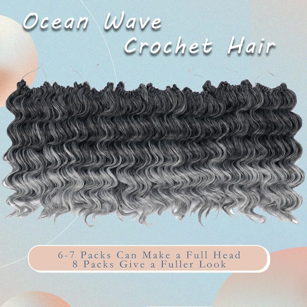 8 Packs Ocean Wave Crochet Hair for Women 14 Inch Curly Water Wave Braiding Hair Extensions Short Deep Curl Crochet Braids (14 Inch, T1B/Gray#)
