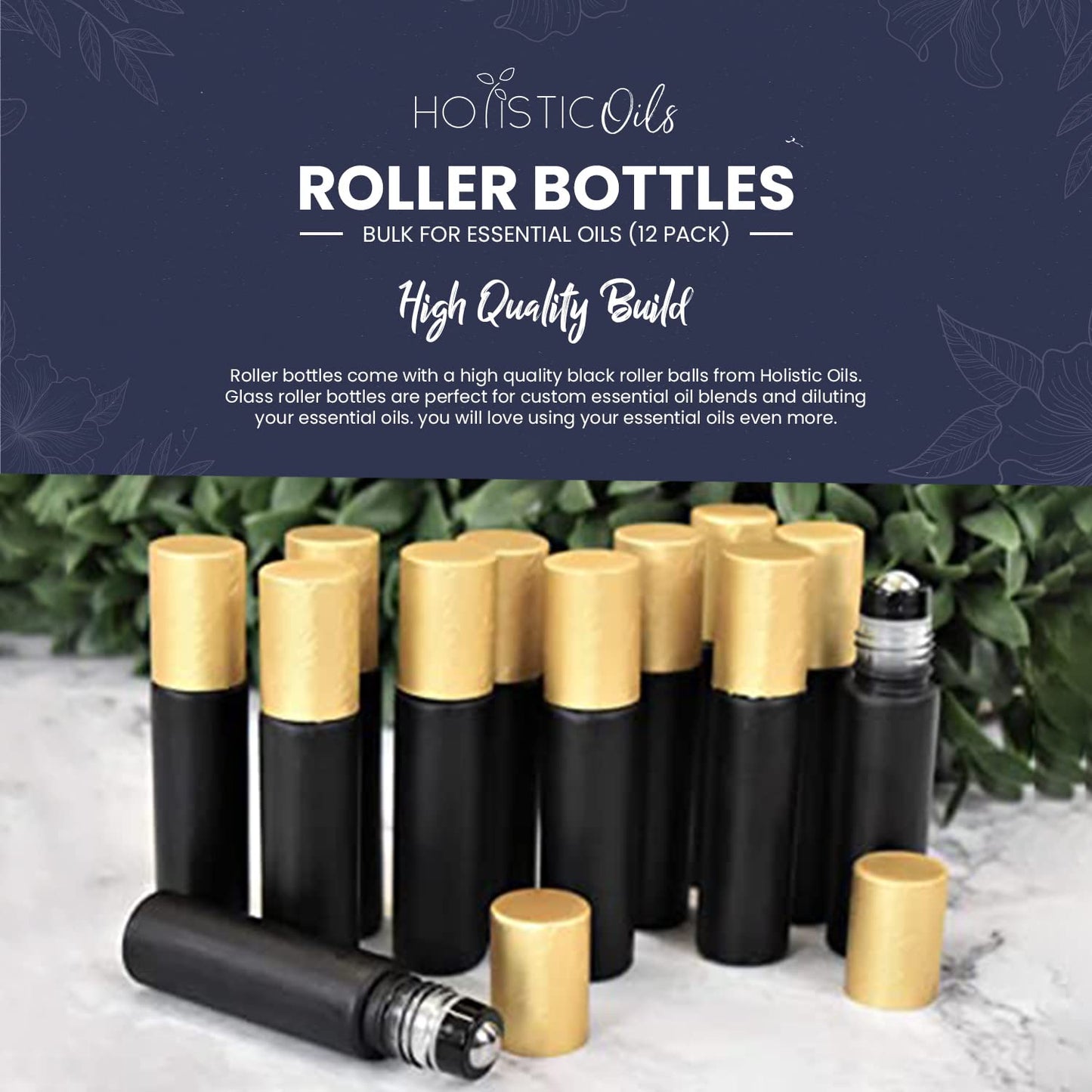 Essential Oil Roller Bottles, Black 10ml Leakproof Rollers – Thick Black Glass with Brush Gold Lid, Updated Stainless Steel Roller Ball Insert for Oils, Aromatherapy – 12 Pack