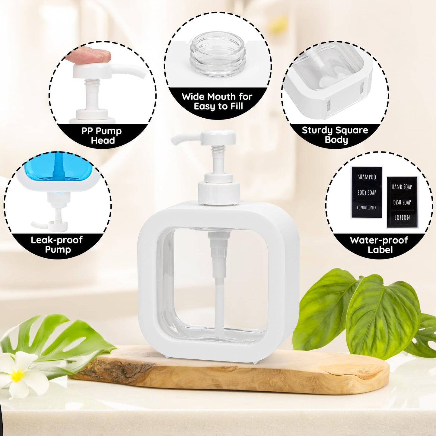 Segbeauty 16.9oz Refillable Bathroom Hand Soap Dispenser, Pack 4 Empty Kitchen Soap Dispenser Pump 500ml Liquid Soap Dispensers for Bathroom, White Plastic Handwash bottle for Kitchen Sink with Labels