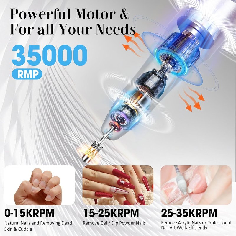 Electric Nail Drill - 35000RPM Professional File with 100 Sanding Bands & Bits for Acrylic & Gel Manicure | Pedicure Tools
