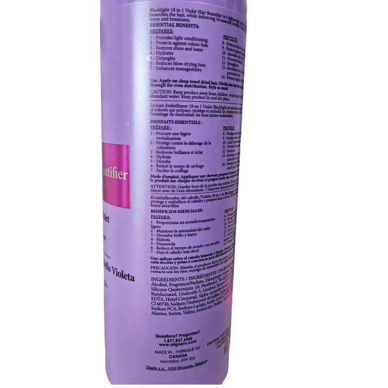 Oligo Professionnel - Blacklight 18-in-1 Violet Hair Beautifier for blondes- Vegan - Eliminate yellow tones - Anti frizz- Leave-in Toning Conditioner - Detangling Hydrating Spray - Argan Oil -8.5 oz