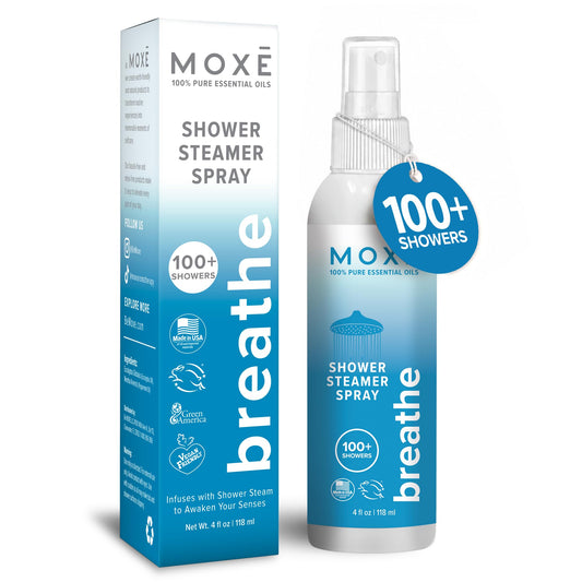 MOXE Breathe Shower Mist, Eucalyptus and Peppermint, Spa Steam Spray, Certified Natural 100% Essential Oils, Made in USA, Aromatherapy, Sinus Congestion Relief, Tension Relief, 4 Ounces (1 Pack)