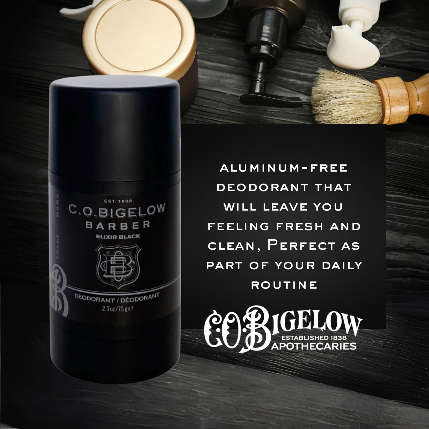C.O. Bigelow Elixir Black Aluminum Free Deodorant for Men, Musk & Vanilla Scented Non Toxic Deodorant, Gel Stick Formula, 2.5oz
