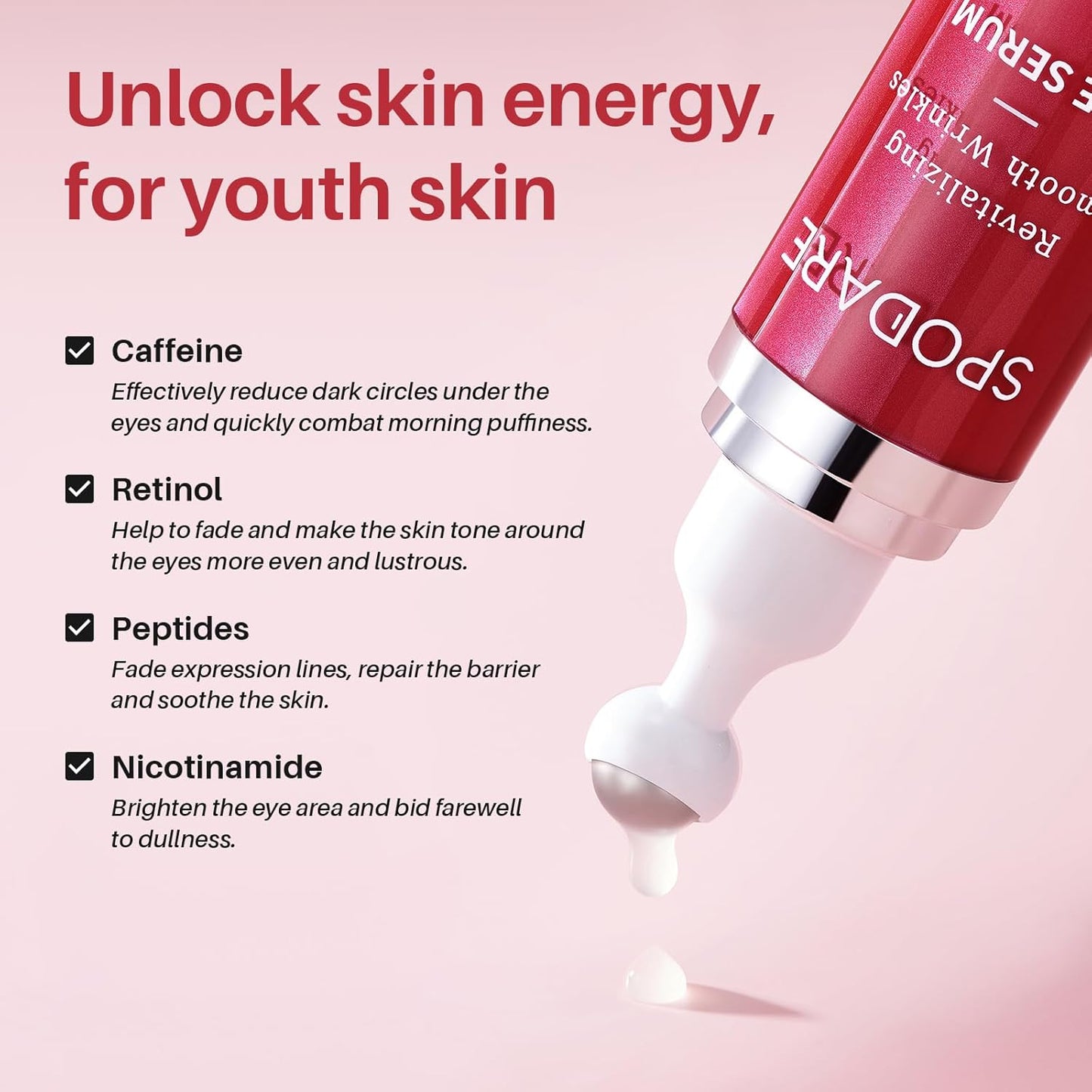 Eye Serum for Dark Circles - Caffeine, Retinol & Hyaluronic Acid | 360° Massage Ball, 0.5 fl oz