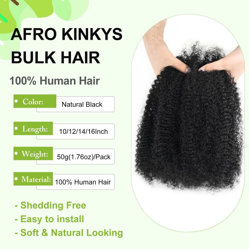 10 Inch Afro Kinkys Bulk Human Hair Kinky Twist Hair 50g Dreadlock Extensions for Soft Locs Natural Black Kinky Curly Afro Twist Hair