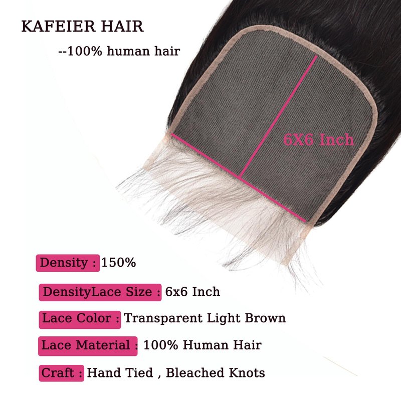 KAFEIER 6x6 Hd Lace Closure Front Brazilian Human Hair With Baby Hair Straight Wave Pre Plucked Lace Closure Free Part Bleached Knot Brazilian Virgin Hair Natural Color 12 inch