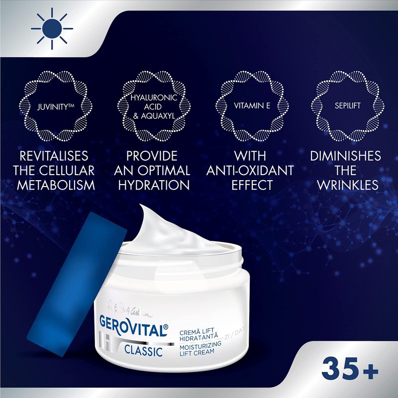 GEROVITAL CLASSIC Moisturizing Lifting Cream with Hyaluronic Acid and Vitamin E - Deep Hydration, Reduces Wrinkles & Fine Lines, Anti-Aging Face Cream, 50 ml