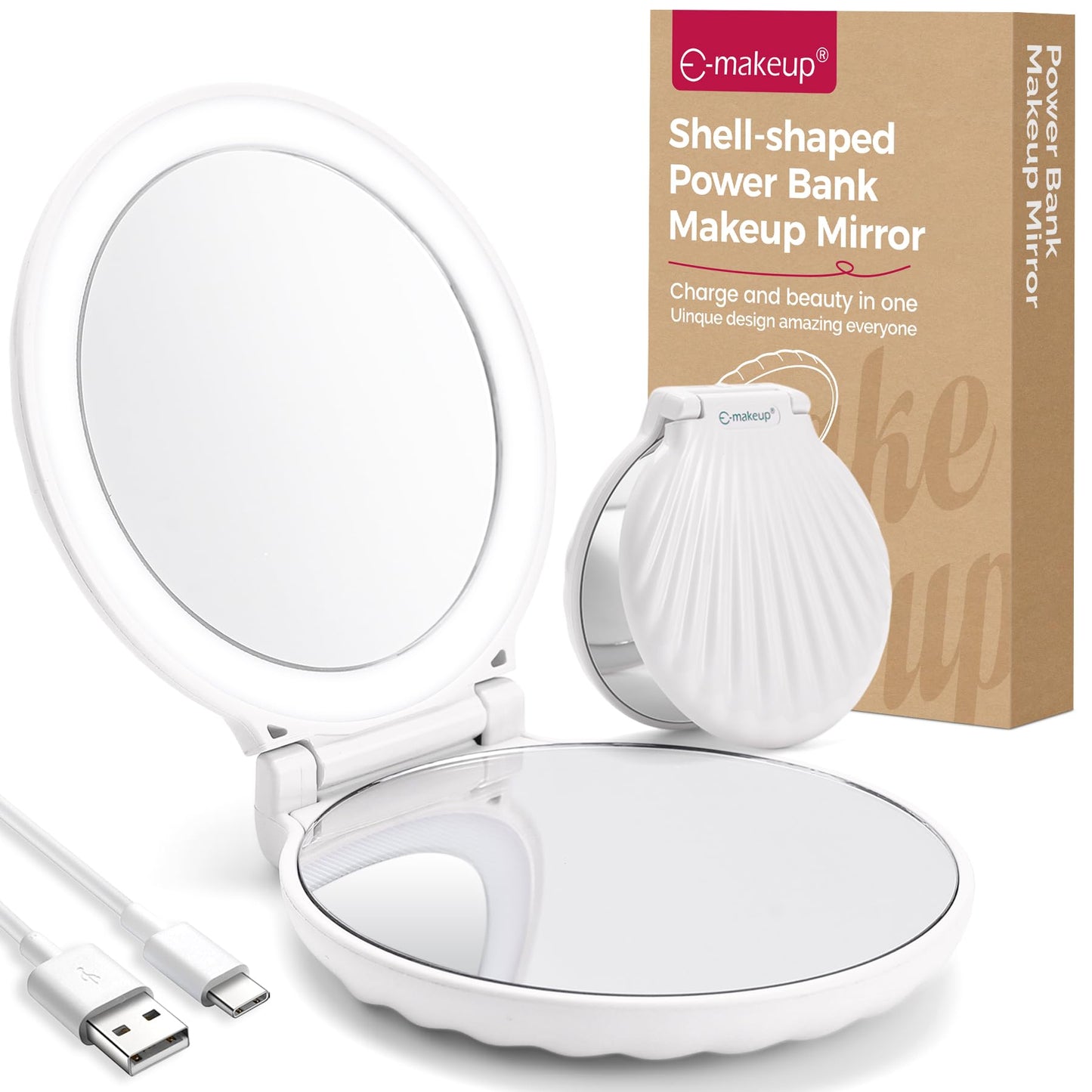 Compact Makeup Mirror with Lights Travel Mirror with Light Small Compact Mirror 2x/10x Magnification & LED Lighted,Rechargeable Compact Mirror Portable Adjustable Pocket, White