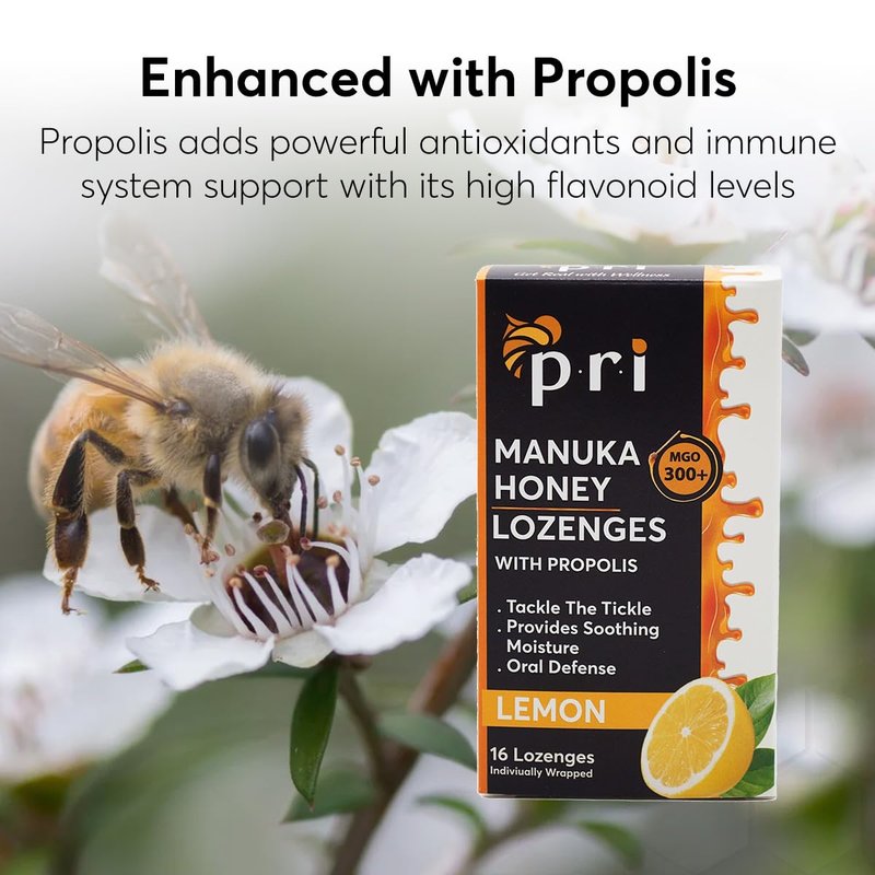 P.R.I Manuka Honey Lozenges with Propolis, Lemon Menthol Cough Drops, Natural Throat Drops, MGO 300+ Certified (16 Count, 2 Pack)