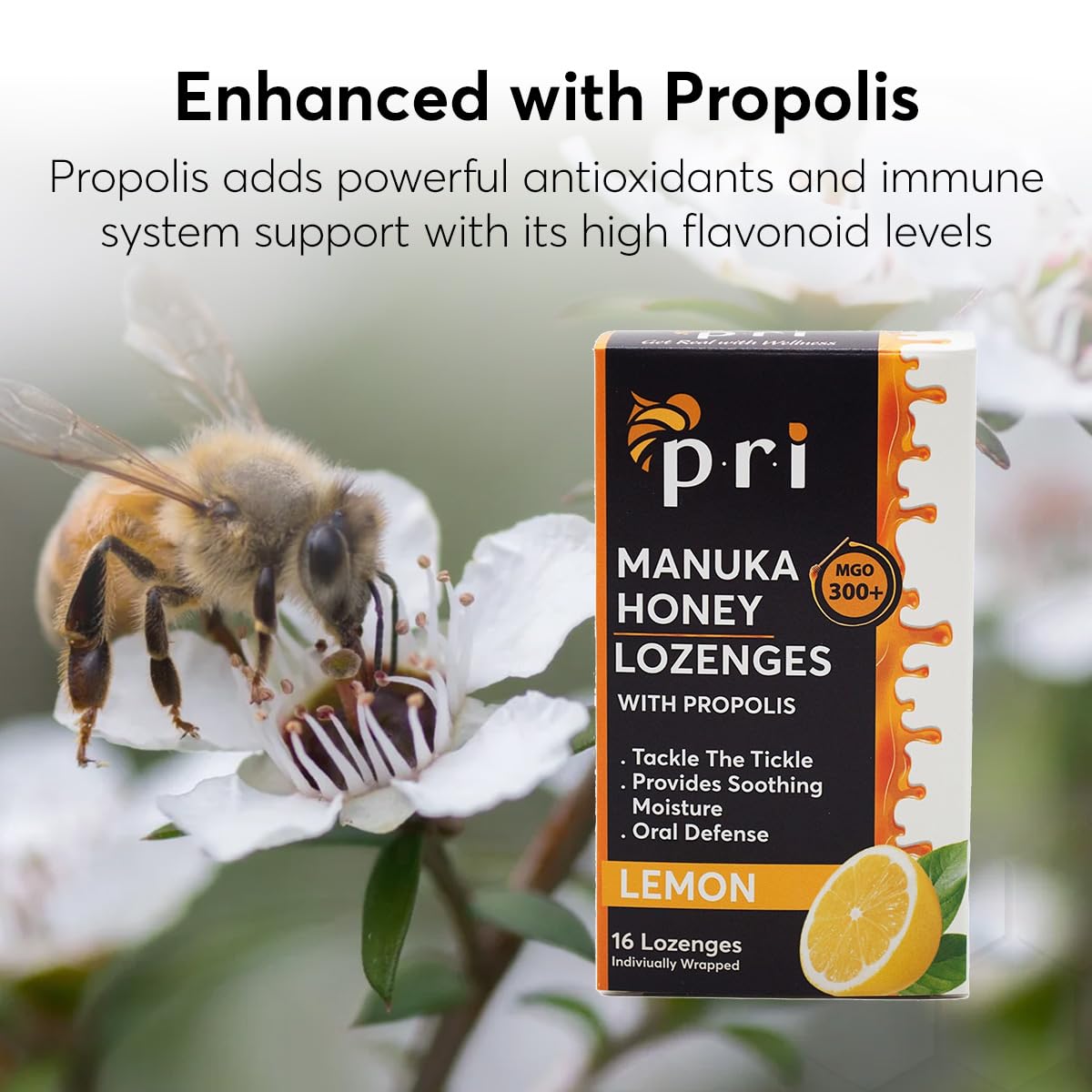 P.R.I Manuka Honey Lozenges with Propolis, Lemon Menthol Cough Drops, Natural Throat Drops, MGO 300+ Certified (16 Count, 2 Pack)