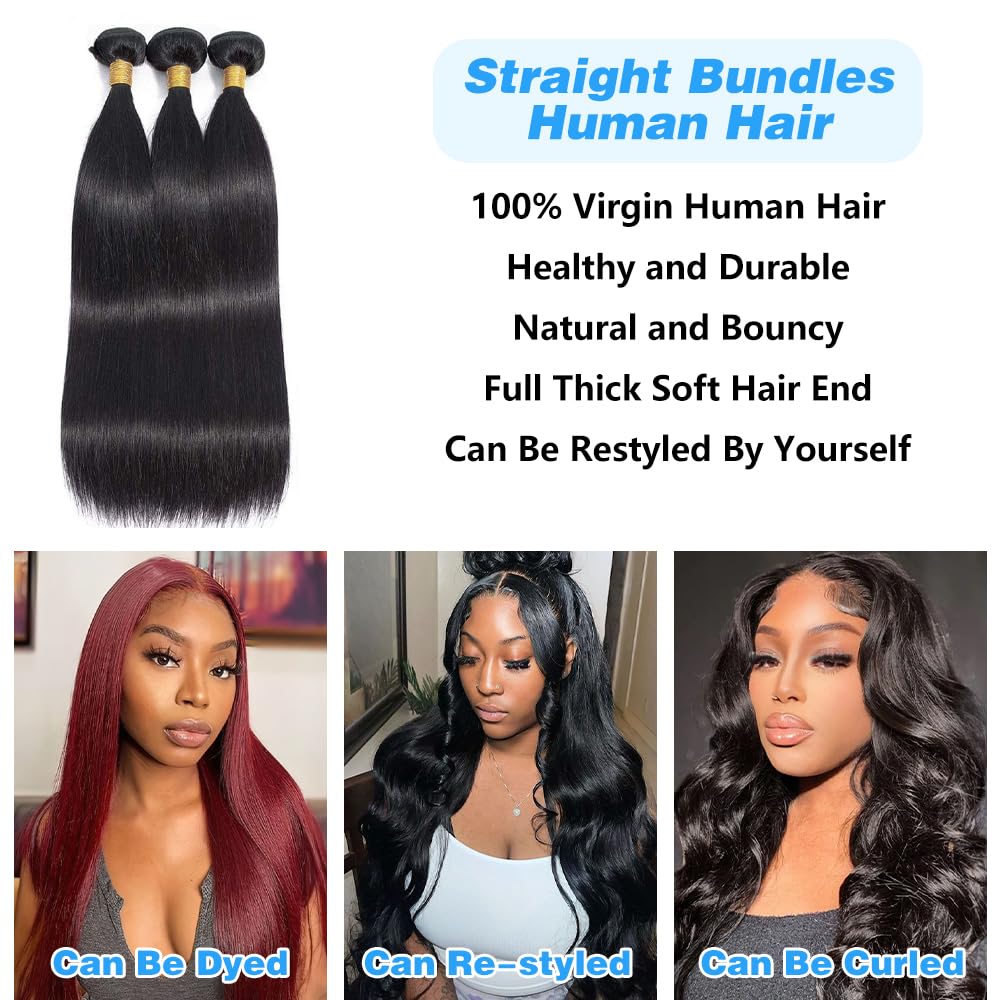 Straight Bundles Human Hair Brazilian Virgin Human Hair Bundles 12 12 12 Inch 100% Unprocessed Straight Hair Double Weft Deals Human Hair Extensions Natural Black