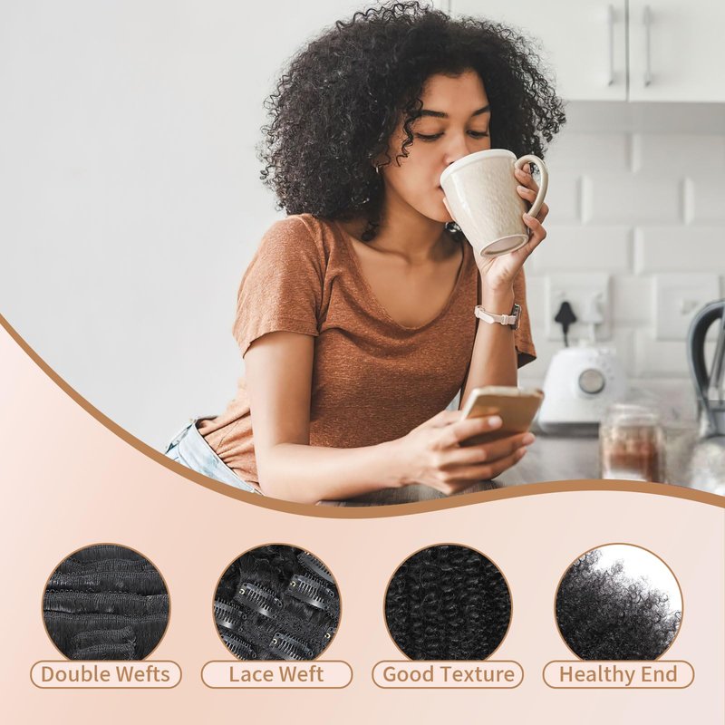Afro Kinky Curly Clip Ins Human Hair 4C Hair Clip in Extensions Real Natural Human Hair for Black Women 8 pecs with 20 Clips 120g Natural Black Color 14 Inch