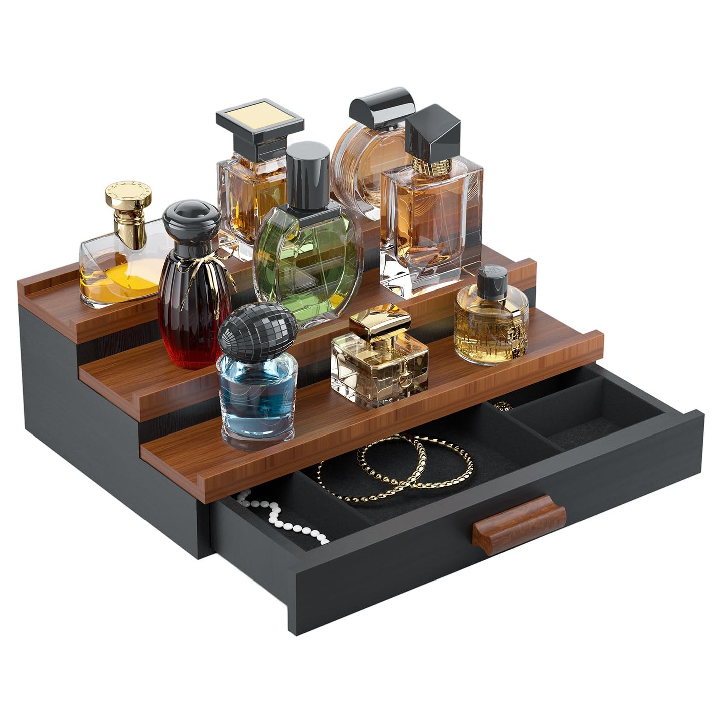 TIRYIUOU Perfume Cologne Organizer for Men: 3 Tier Wooden Perfumes Stand, Desktop Parfum Holder Wood Display Shelf with Cabinet, Bedroom Dresser Makeup Lotion Jewelry Storage Rack with Drawer