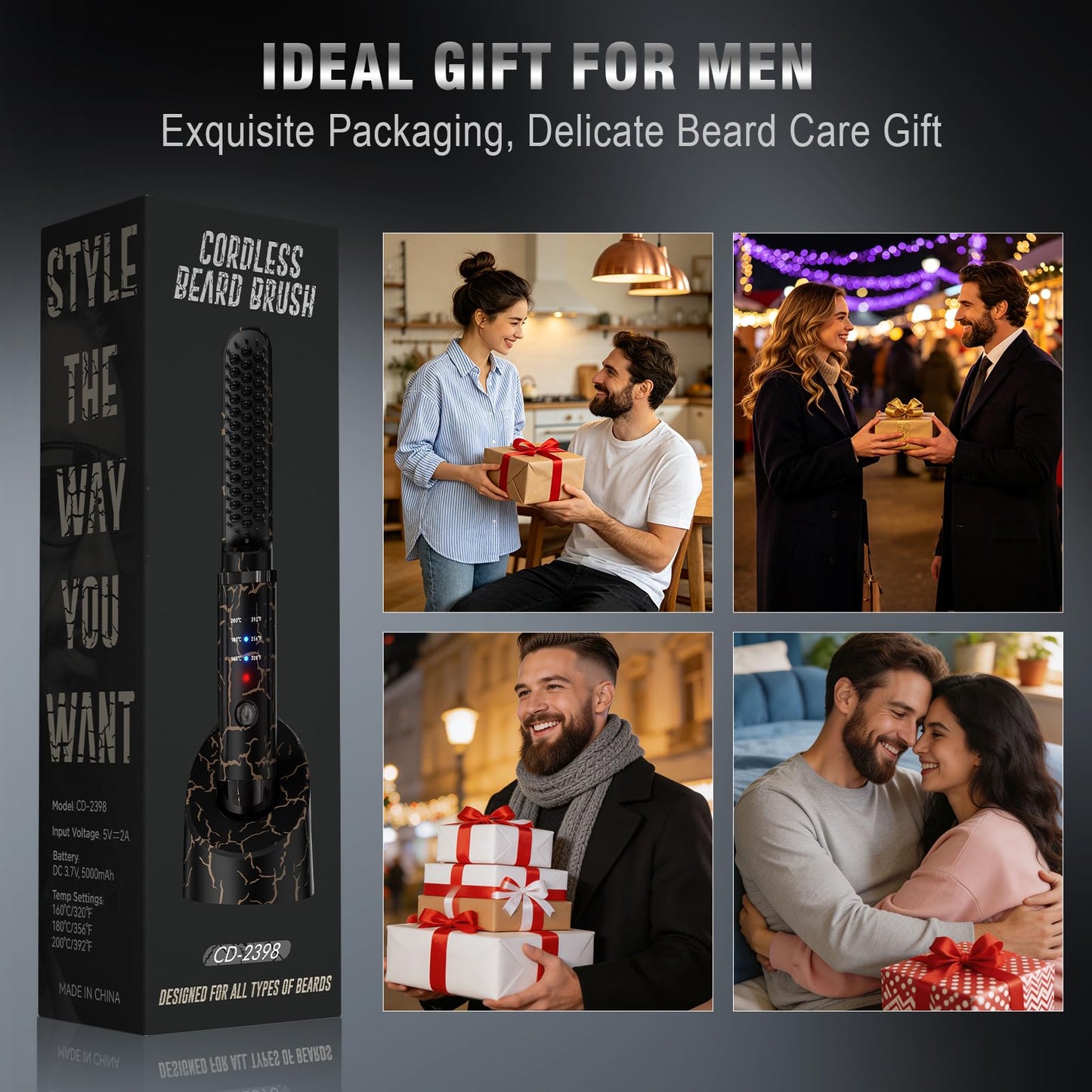 Beard Straightener for Men, Cordless Beard Heated Brush and Hair Straightener Hot Comb with 3 Temp Settings, Anti-Scald, Ionic Technology for Home Travel