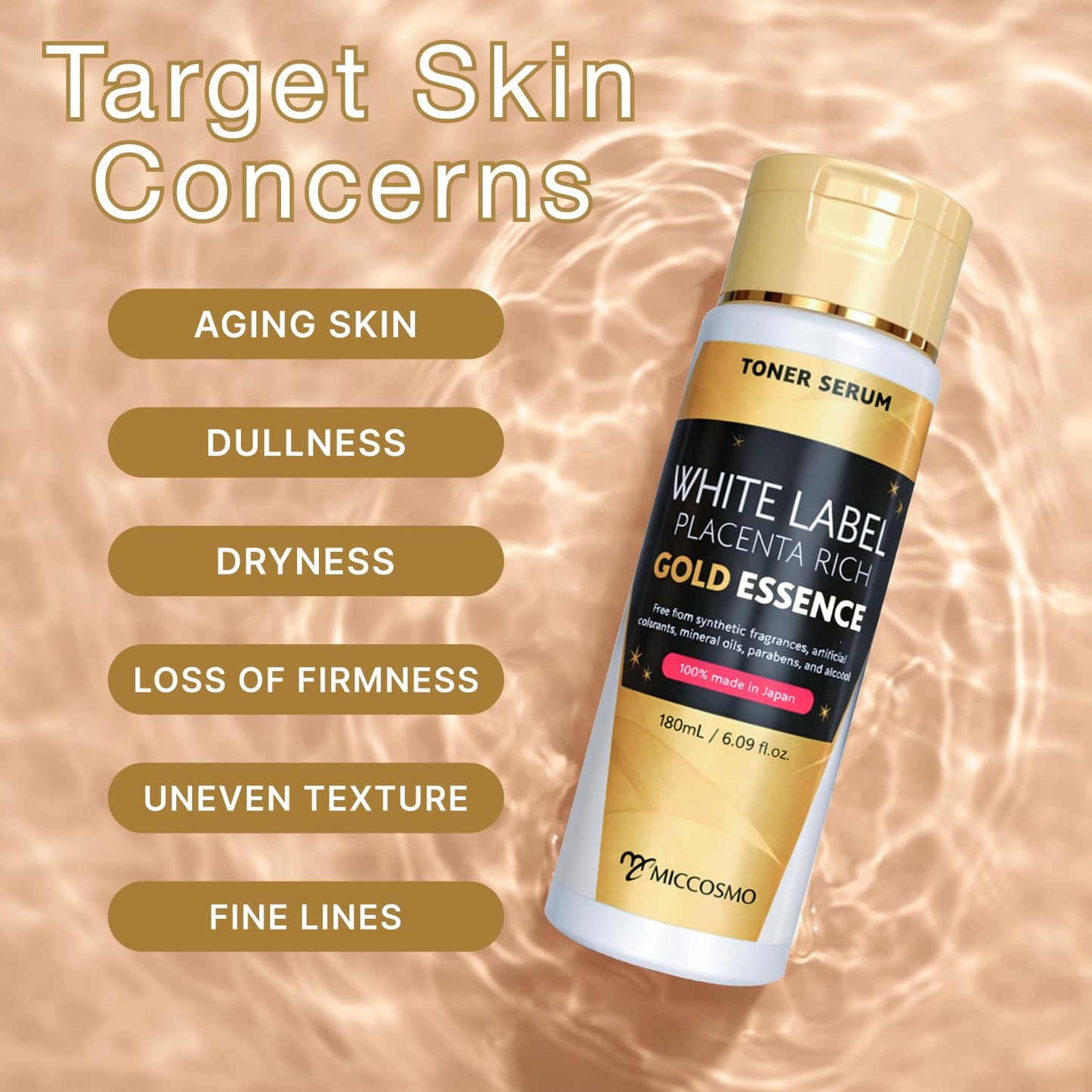 WHITE LABEL Placenta Rich Gold Essence 180ml | 3x Concentrated Placenta & Hydrating Japanese Toner | With Hyaluronic Acid, Collagen & Ceramide for Aging & Dull Skin