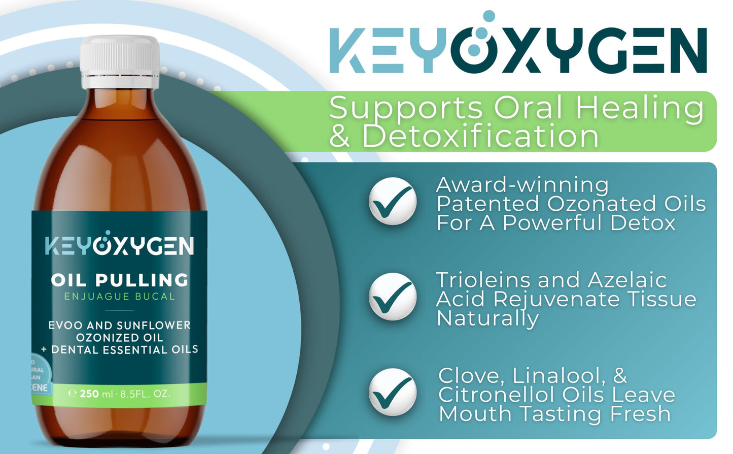 Keyoxygen Ozonated Pulling Oil for Teeth and Gums | Ozone Infused Organic Extra Virgin Olive and Sunflower Oils with Dental Essential Oils | Fluoride-Free Mouthwash for Adults, 8.5 fl. oz.