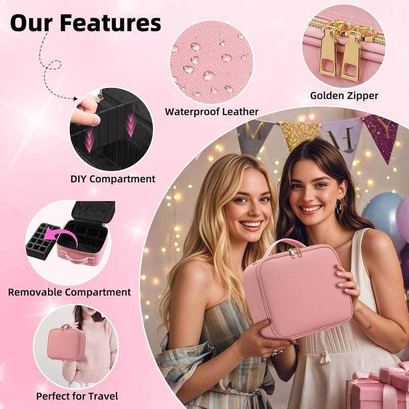 Travel Makeup Bag with LED Mirror - Lighted Organizer with 3 Color Settings | Pink