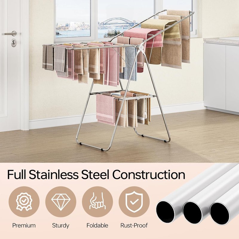 Folding Clothes Drying Rack - Stainless Steel, Height-Adjustable, Space-Saving | Indoor/Outdoor Use, Chrome Finish