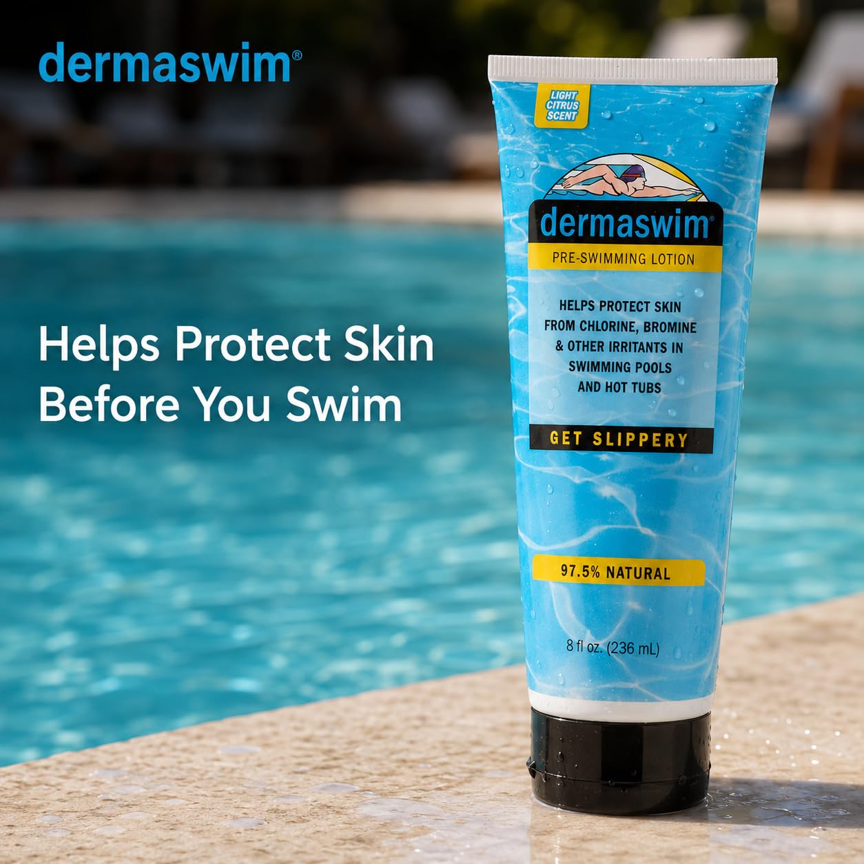 DERMASWIM Pre-Swim Lotion for Chlorine Protection – 8 fl oz | 97.5% Natural & Paraben-Free | Vitamin-Enriched with Aloe & Green Tea | Shields & Moisturizes Skin Before Swimming in Pools or Hot Tubs