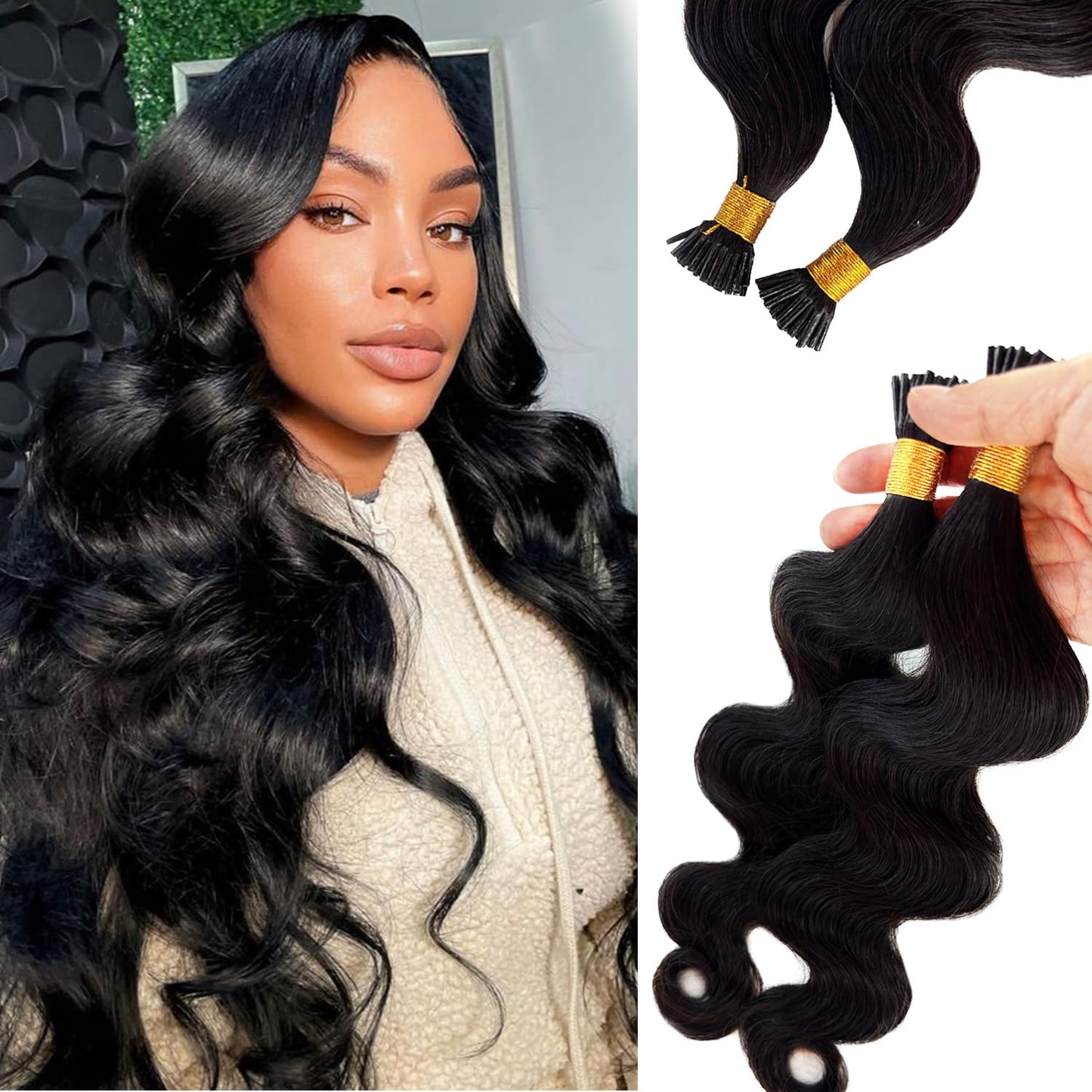 I Tip Hair Extensions Human Hair Body Wave I Tip Extensions Real Human Hair Natural Black Wavy Cold Fusion Remy Hair Keratin Tips for Black Women 20 Inch 50 Strands 50Grams
