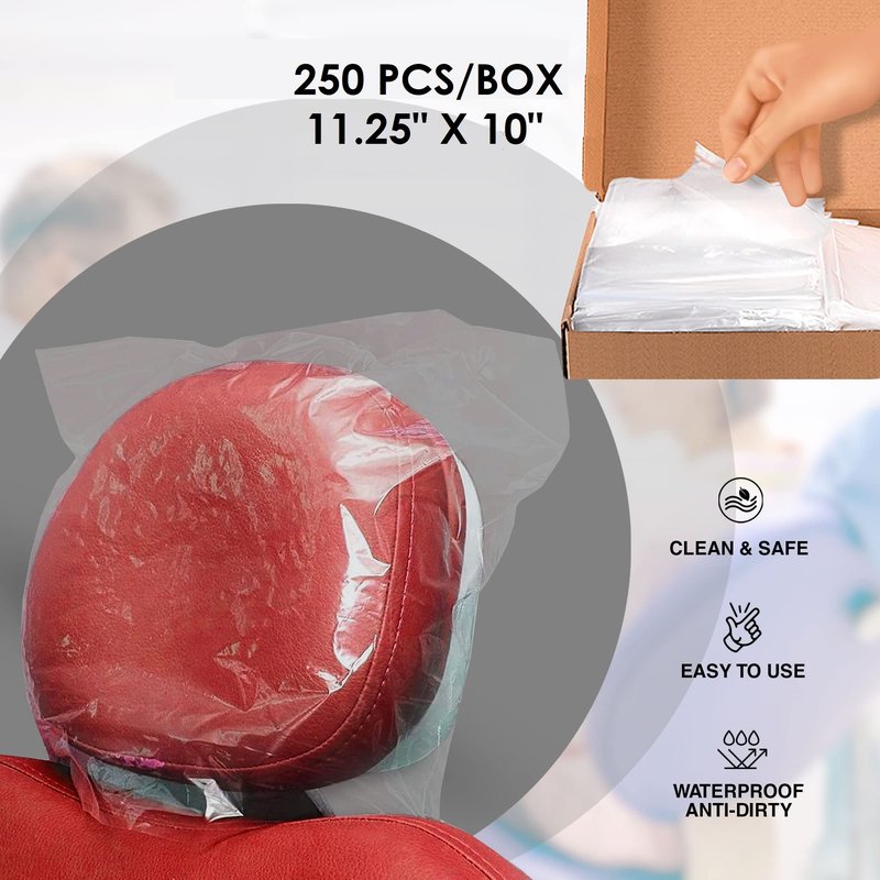 Pruvade Disposable Dental Headrest Covers 11.25" x 10" | Pack of 250 | Large Clear Plastic Headrest Cover for Tattoo, Piercing and Dental Chairs, Professional Waterproof Clear Sleeves for Headrests